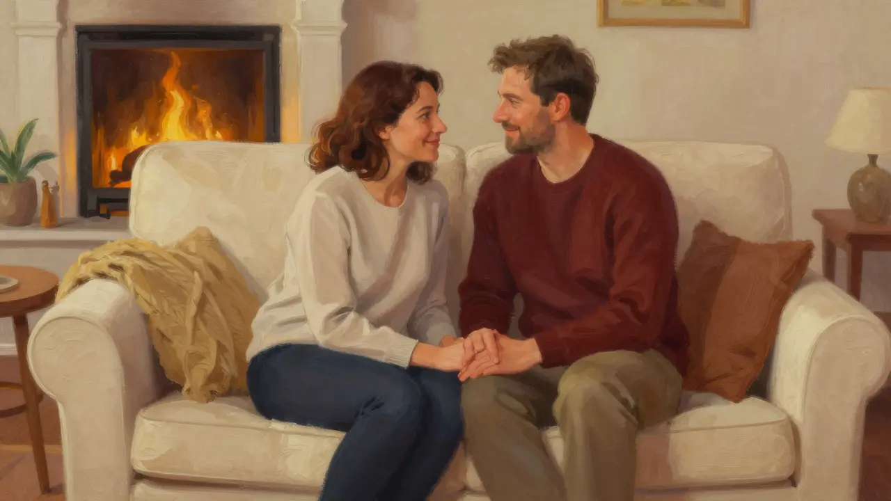 Couple holding hands on a couch in a warmly lit living room.