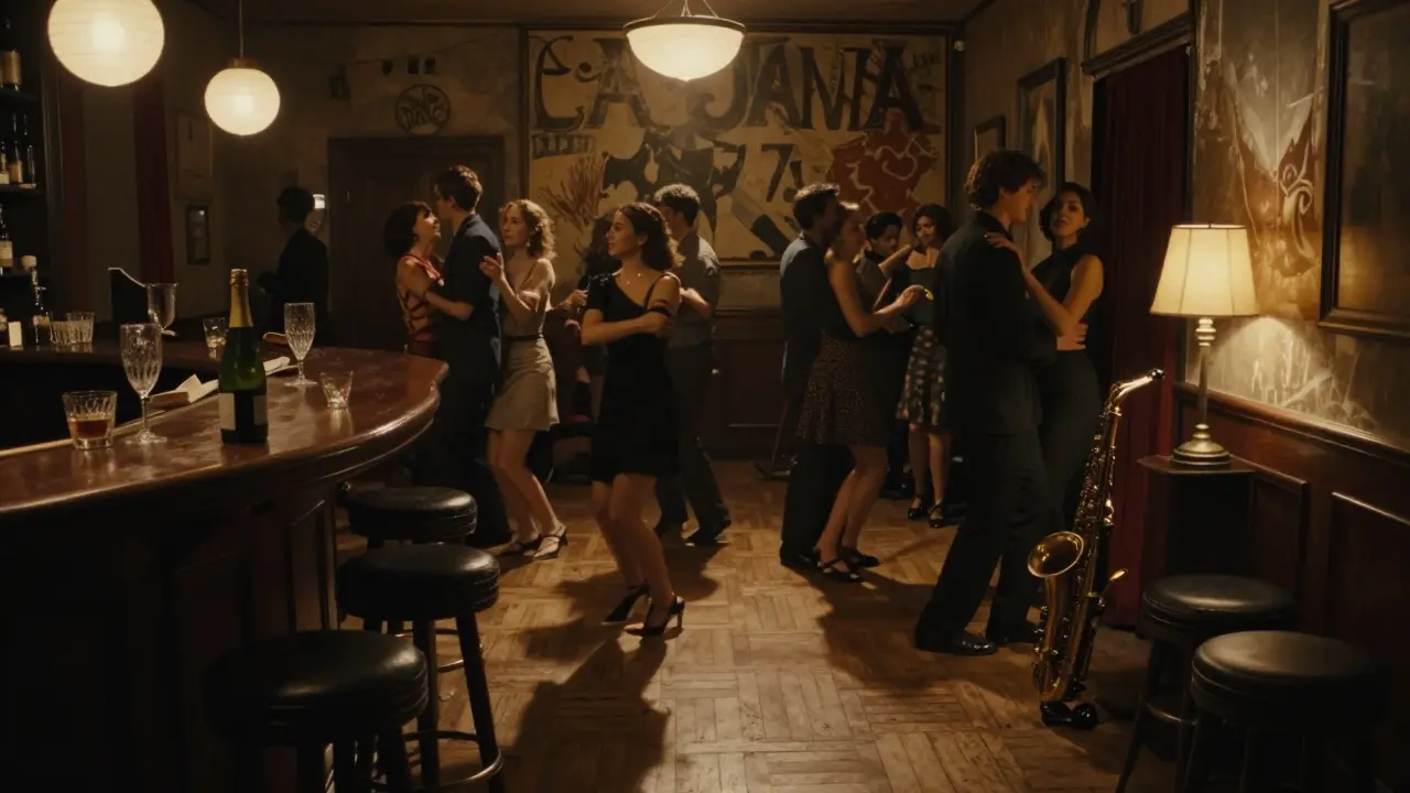 Dancers moving under faded murals in La Java, a historic Parisian dance hall lit by warm pendant lamps.