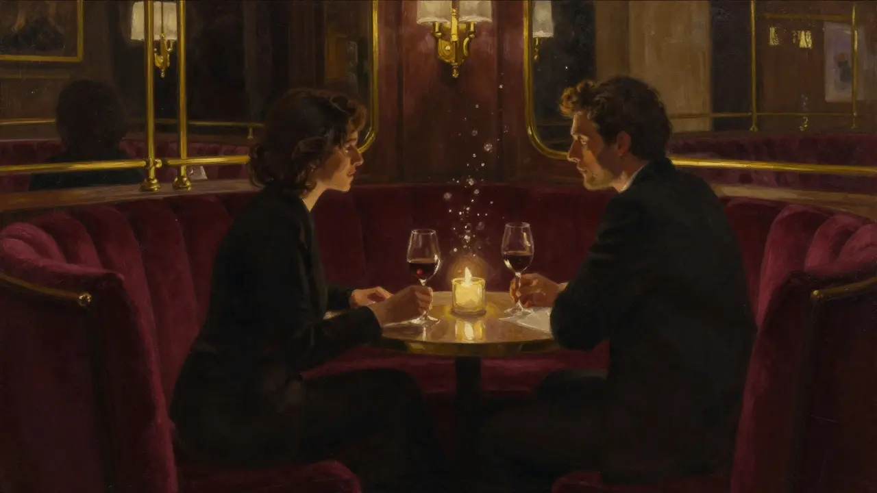 Dimly lit upscale bar interior with figures conversing privately.