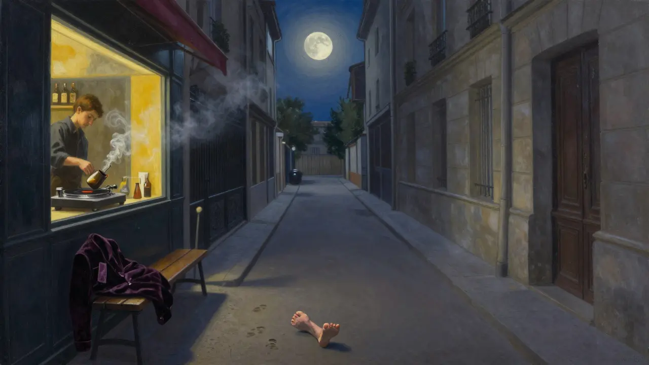 Empty alley at dawn after a party, barefoot prints leading to a café where espresso is poured, vinyl spinning, incense rising in the quiet night air.