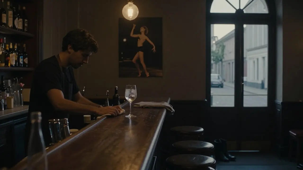 Empty nightclub at dawn, a single glass of vermouth on the bar, a photo of a dancer on the wall, worn boots near the door as if someone left in haste.