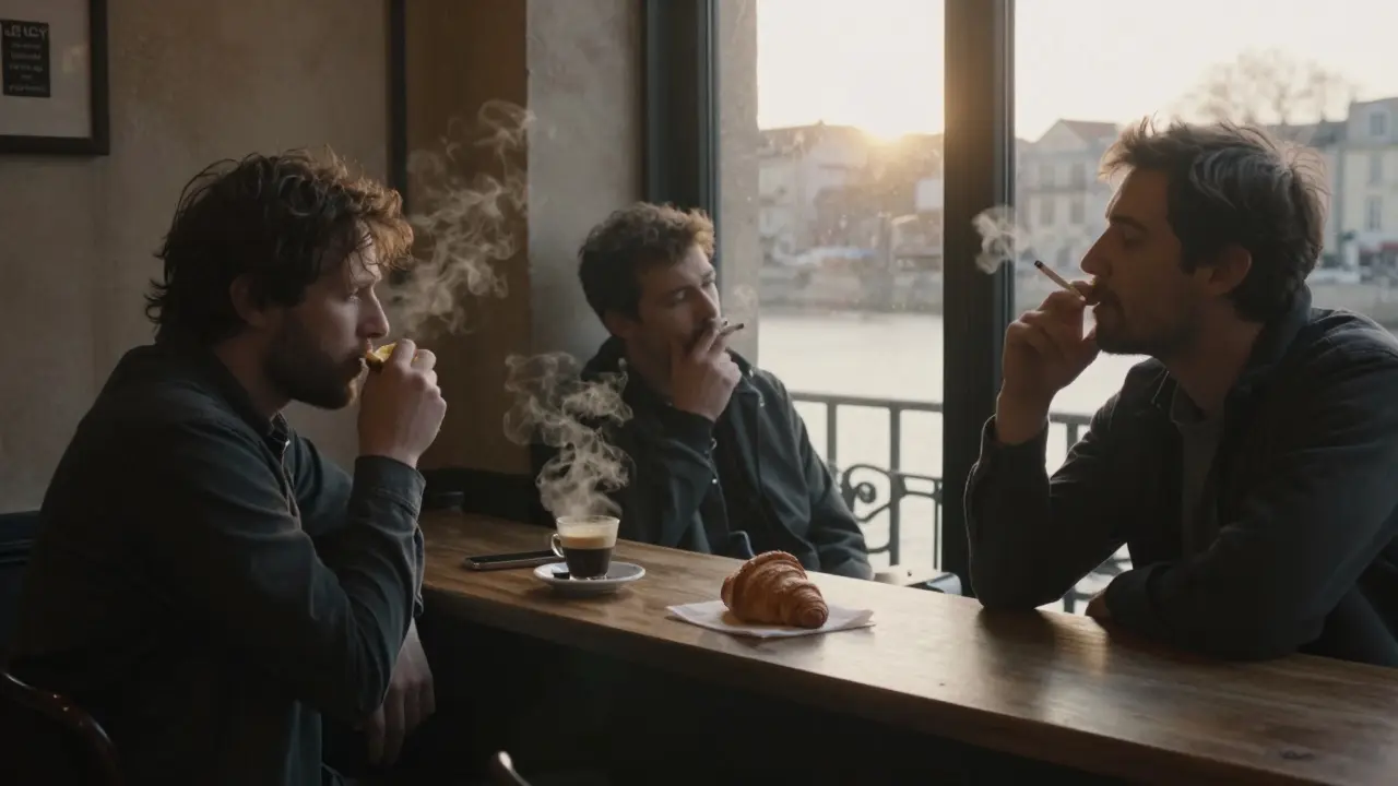 Exhausted patrons at a quiet Paris café at dawn, sipping coffee as the sun rises over the Seine.