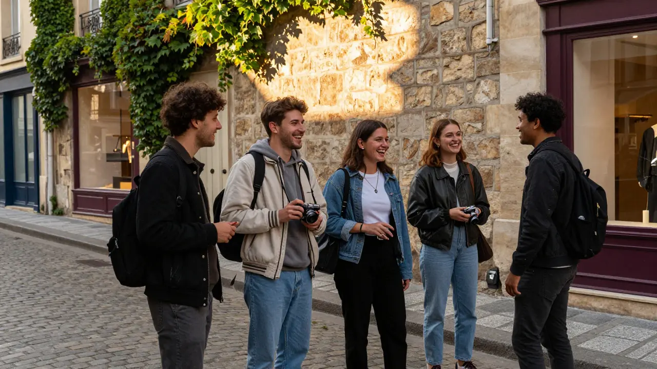 Friends laughing on cobblestone street in Le Marais