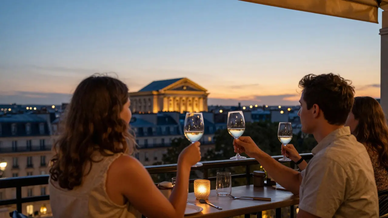 Friends toasting with wine glasses on a terrace at sunset