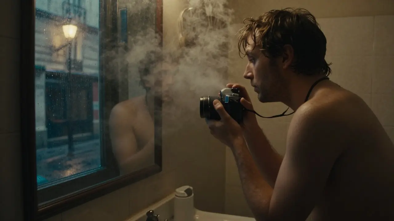 Greg in a steamy Paris bathroom, staring into a fogged mirror, rain streaking the window behind him.