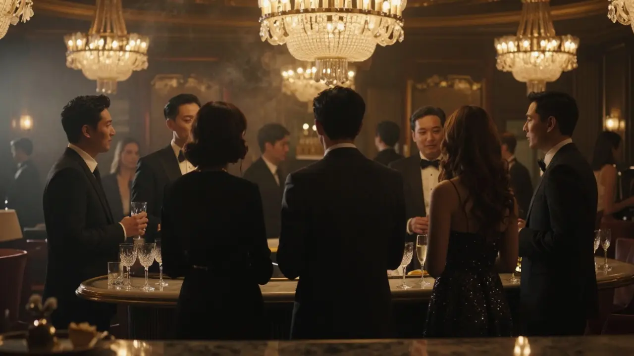 Group of people in formal wear talking at a dimly lit upscale lounge event