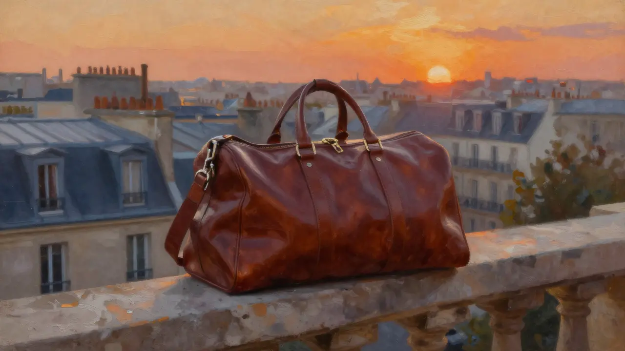 Leather travel bag on a stone balcony with Parisian rooftops view.