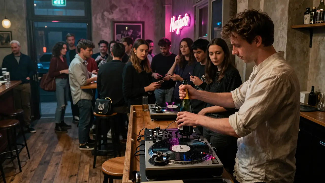 Midnight at a Parisian club: a bartender opening champagne, a turntable playing rain-sampled music, quiet crowd with no phones or neon lights.
