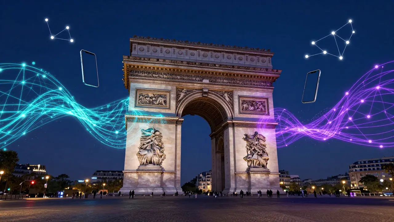 Paris landmark blending with abstract digital network connections.
