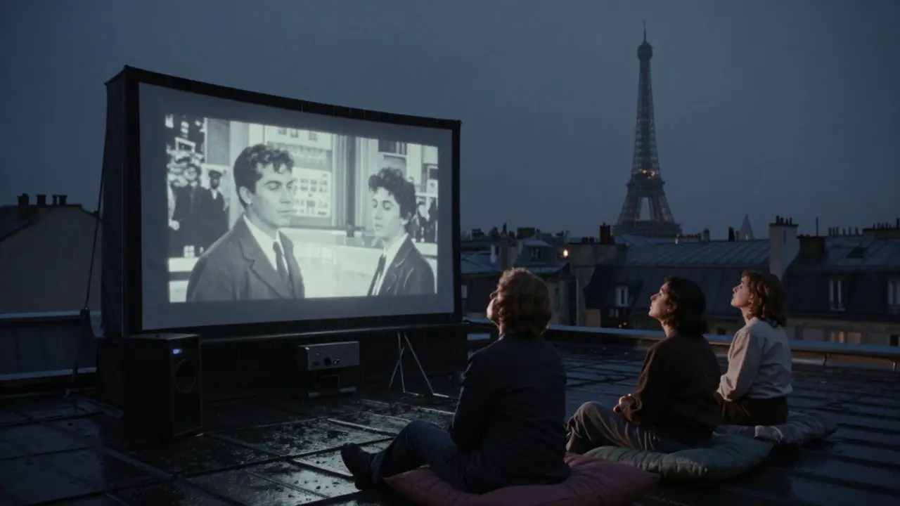 People sitting on cushions on a Paris rooftop, watching a silent 1960s film projected on linen.