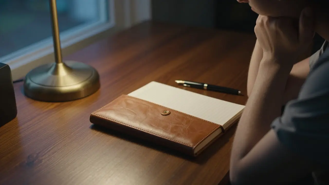 Person resting chin on hand beside a closed notebook at a desk.
