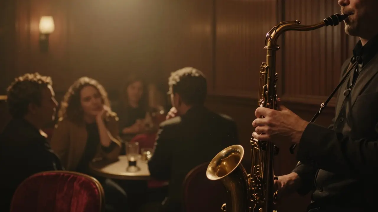 Smoky jazz club interior with saxophone player on stage