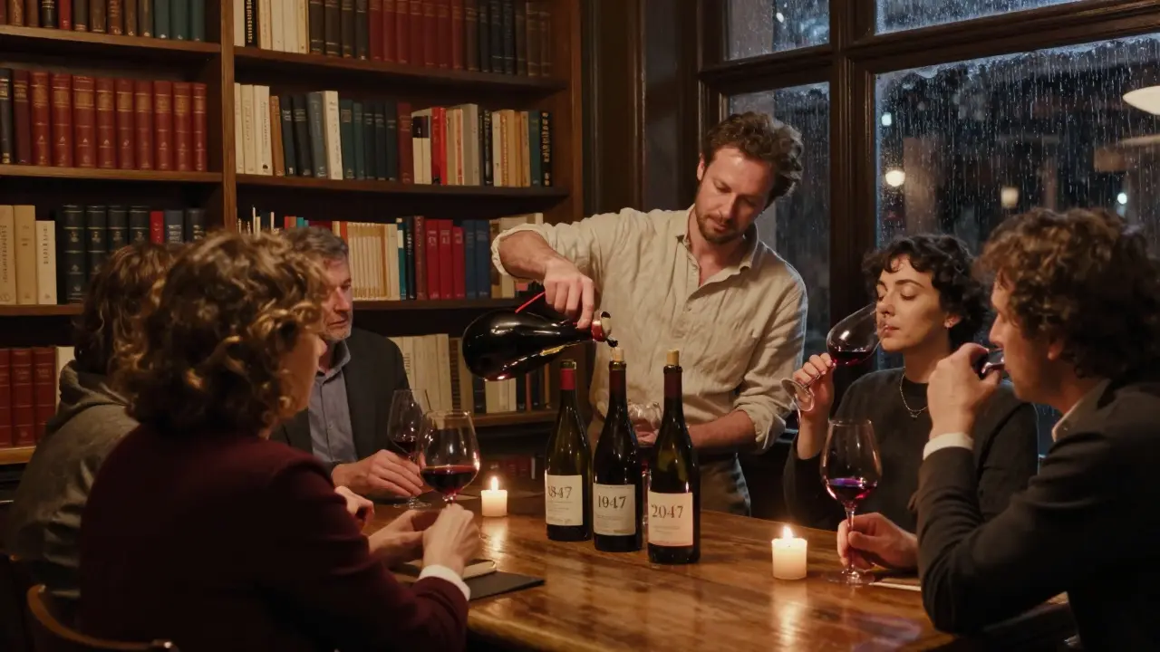 Three guests at a quiet wine salon behind a bookshop, sipping vintage wines by candlelight.