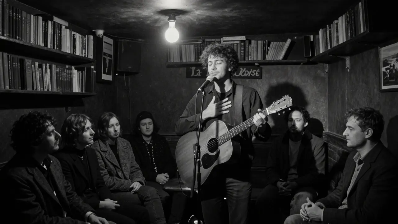 Titof performs an unplugged set in the intimate, book-lined interior of La Bellevilloise, bathed in warm single-bulb light.