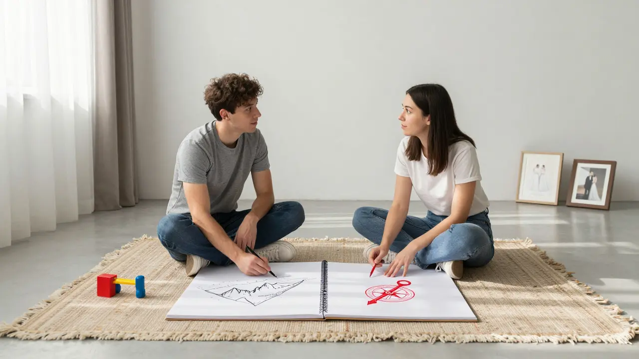 Two people co-creating plans on a blank notebook, symbolizing authentic partnership without tradition.