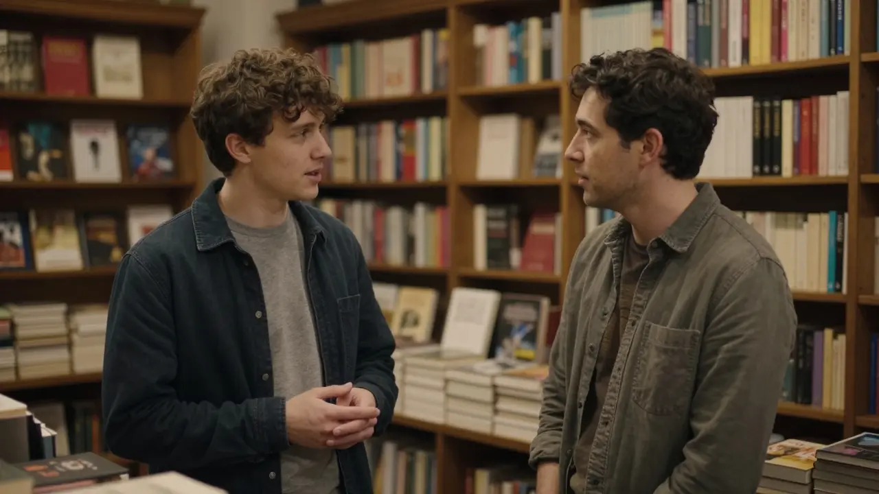 Two people conversing naturally inside a dimly lit bookstore