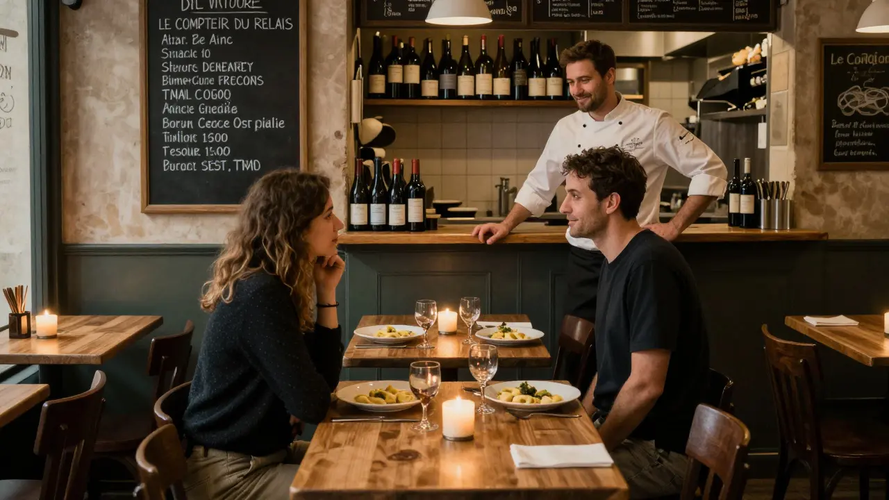 Two people share a quiet dinner at a small Parisian bistro, lit by candlelight with a chef watching fondly.