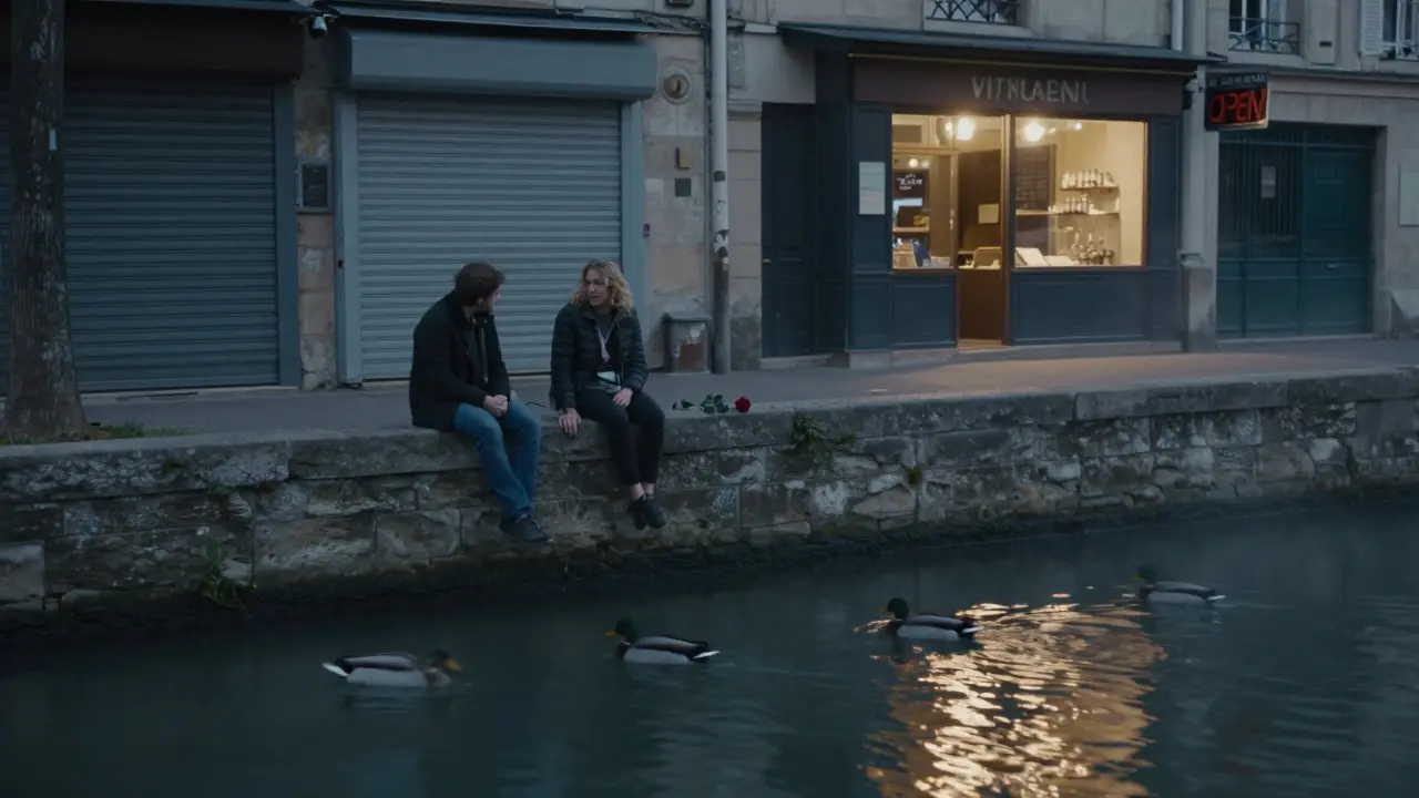 Two people sit on a canal wall at dusk, a single rose between them, ducks gliding on the water below.