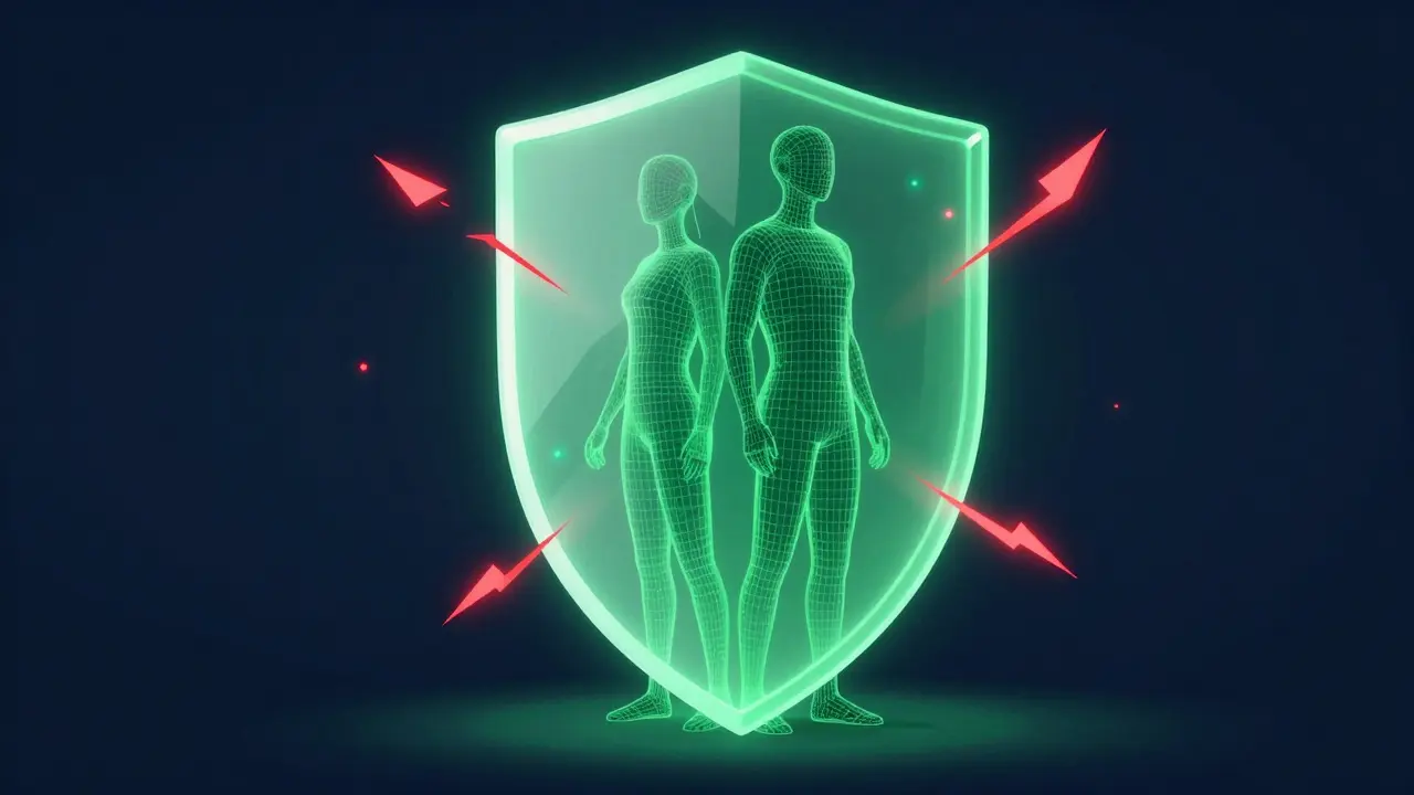 Two wireframe figures protected by a digital shield against red warning sparks