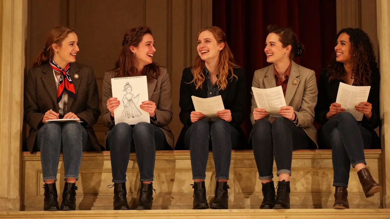 Young women in the balcony of Théâtre Mogador after Notre-Dame de Paris, one sketching Esmeralda.